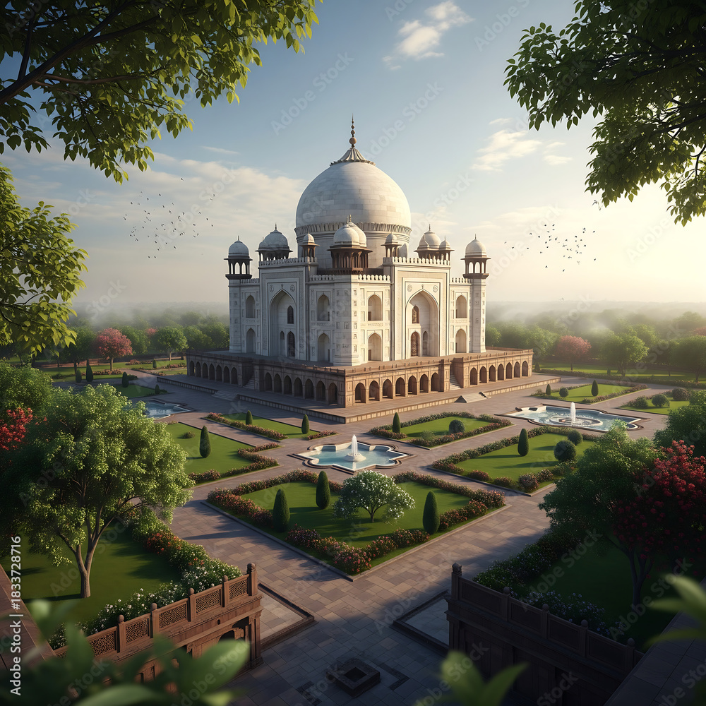 Obraz premium Taj Mahal Mausoleum with Gardens and Fountains Under Blue Sky India Agra isolated on a transparent background