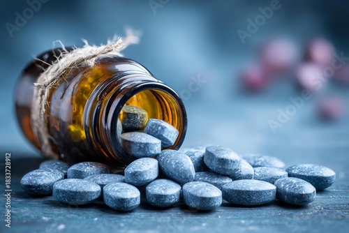 Close-Up of Spilled Blue Tablets from a Brown Glass Bottle