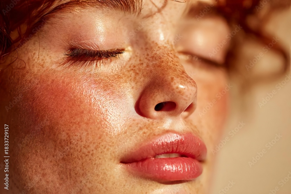 Naklejka premium Close-Up Portrait of a Person with Freckles and Natural Makeup