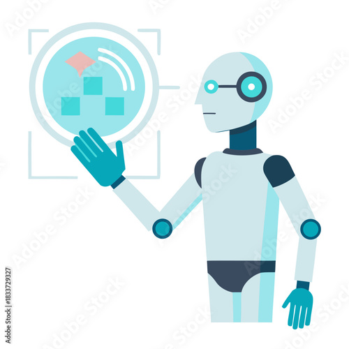 Robot interacting with futuristic digital interface displaying data