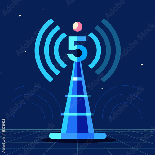Futuristic 5g tower emitting signals in a digital night sky