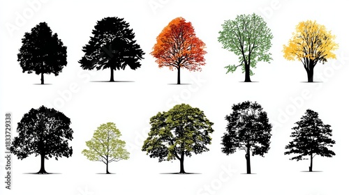 Black tree silhouettes vector set featuring red maple, sugar maple, oak, poplar, green oak, birch, and mango trees on white background