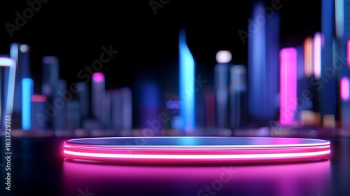Futuristic neon glowing product display stage with blurred cyber city background for modern