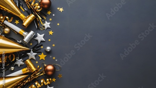 Festive new years eve party decorations on dark background