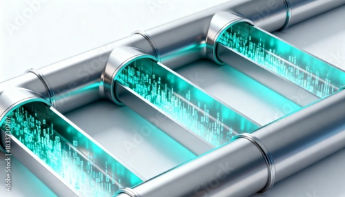 Fototapeta Naklejka Na Ścianę i Meble -  3D Render of Clean Interconnected Geometric Pipes Flowing Data Particles in a Modern Design