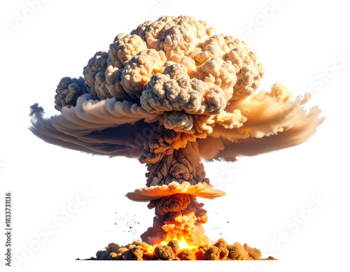Massive mushroom cloud rising, fiery explosion
