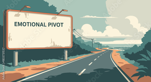 An illustrative roadside billboard prominently displays 'Emotional Pivot' along a winding highway, symbolizing a significant life change or new direction.