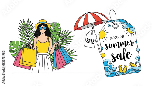 Continuous colorful line art of woman with shopping bags, tropical palm backdrop, beach umbrella sale tag, summer discount illustration