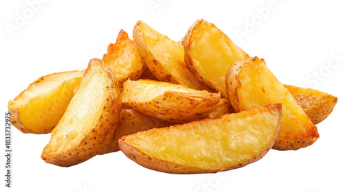 A pile of potato wedges on a white background
