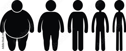 Body mass silhouette icon set, stylized black figures for health awareness, BMI visuals, and fitness design themes