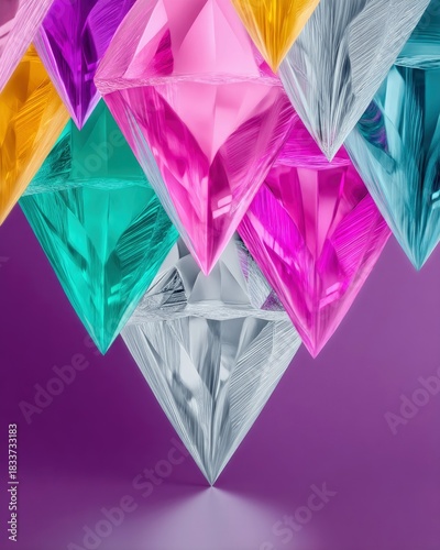 Close-up of a composition of colorful, geometric diamond shapes against a purple background, with a focus on color and form.