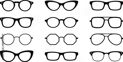 Eyeglass frame silhouette icon set, stylized black designs for fashion branding, optical retail, and eyewear design themes