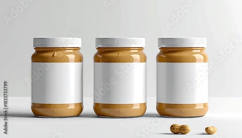 Jars of peanut butter aligned and photographed on a white surface, with peanuts nearby.