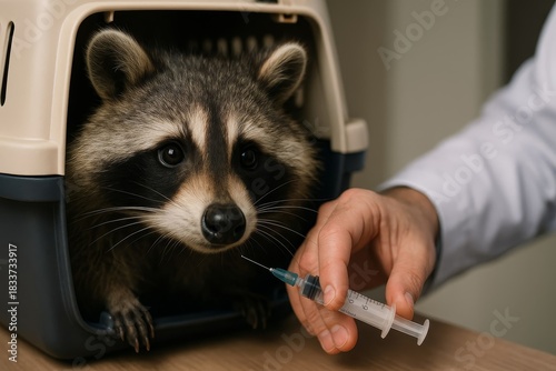 A focused raccoon in a carrier awaits a veterinary injection. This image captures a moment of animal healthcare.