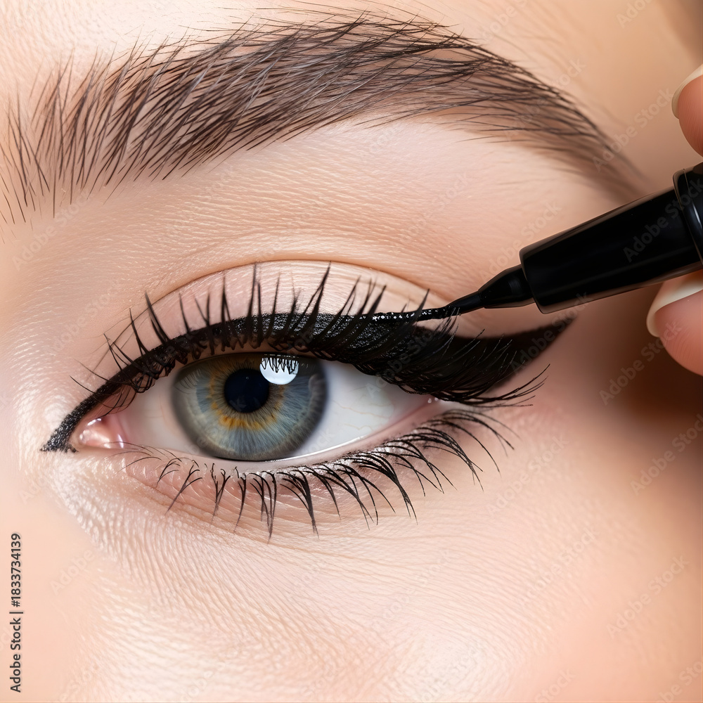 Naklejka premium Close-up of a woman's eye being precisely outlined with liquid eyeliner, showcasing makeup application and beauty techniques