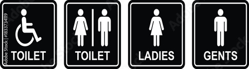 Restroom signage icon set, stylized toilet symbols for public facility access, gender designation, and accessibility design themes