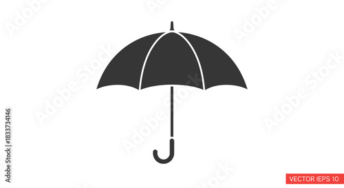 Black Silhouette of an Open Umbrella with Curved Handle.