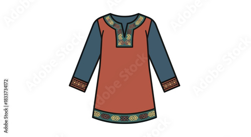 Traditional Embroidered Tunic with Long Sleeves and Decorative Trim.