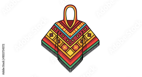 Colorful Traditional Mexican Poncho with Hood and Fringe.