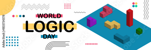 World logic day vector banner design with colorful geometric shapes and abstract puzzles