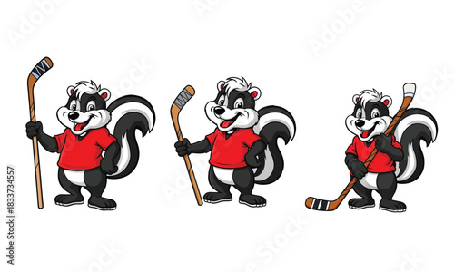 Three cartoon skunks dressed as hockey players holding sticks in a silhouette