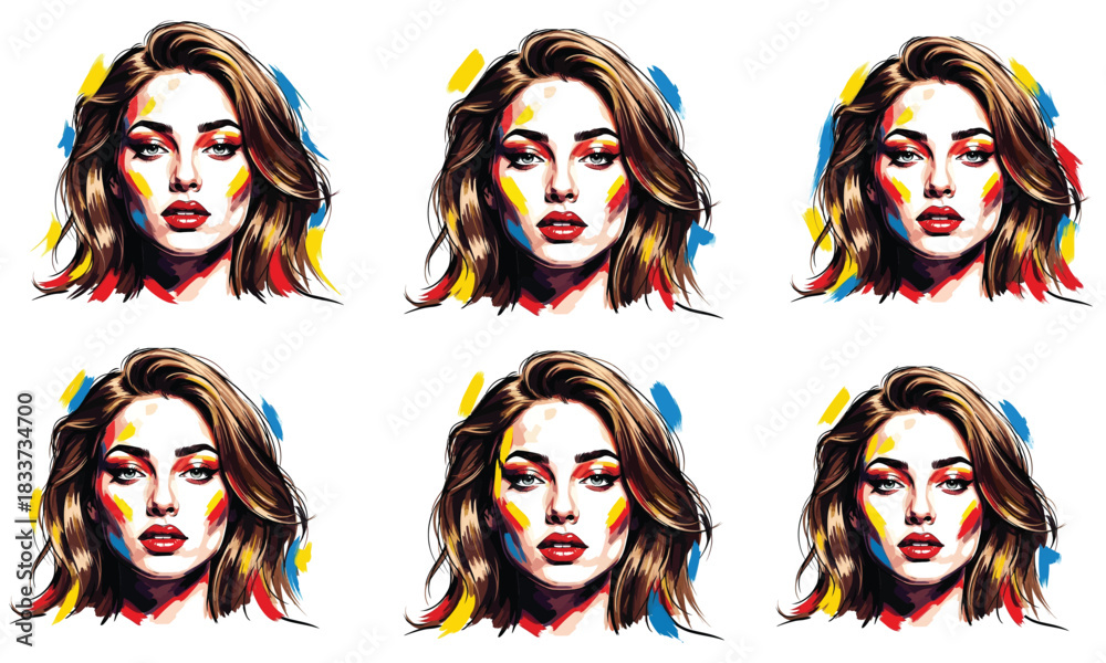 Obraz premium Six stylized portraits of a woman s face in a colorful artistic silhouette style