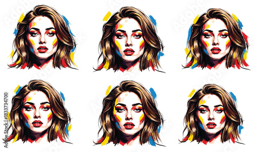 Six stylized portraits of a woman s face in a colorful artistic silhouette style