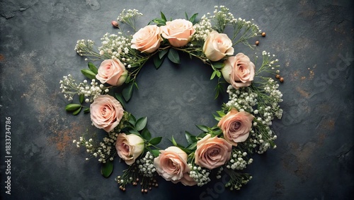 A Delicate Floral Arrangement of Roses and Baby's Breath Forming a Circular Frame on a Dark Textured Background