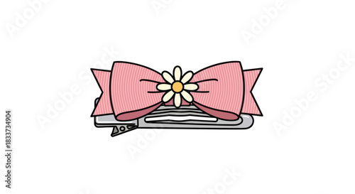 A cute cartoon illustration of a pink bow hair clip with a small white daisy flower.