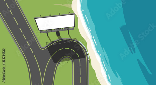 An aerial view captures a winding road splitting, one path leading to a prominent blank billboard beside a serene beach and ocean, symbolizing choices.