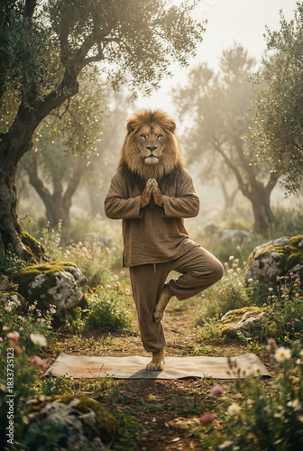 lion doing yoga in yoga outfit surrounded by beautiful nature