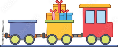 Charming festive cartoon train carrying colorful stacked presents, ideal for holiday designs, children's events, or gift-giving celebrations with a playful and whimsical touch