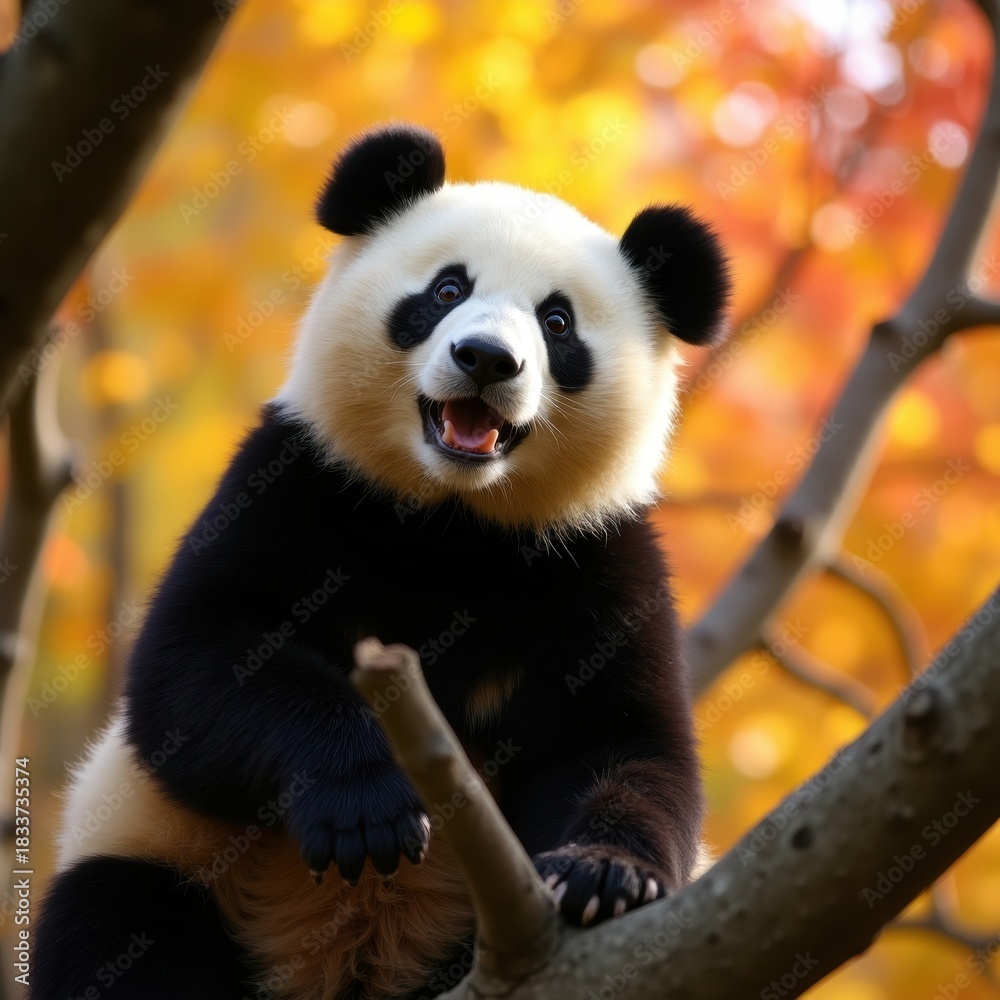 Obraz premium Giant panda bear sitting in a tree with autumn foliage