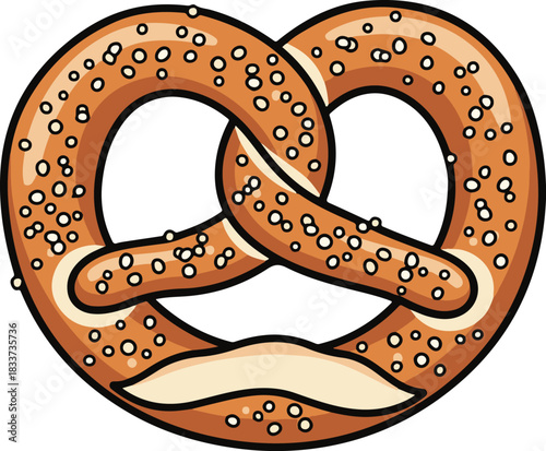 A classic golden brown soft pretzel topped with coarse salt crystals. This delicious baked snack is shown as a simple cartoon vector icon, representing traditional bakery food