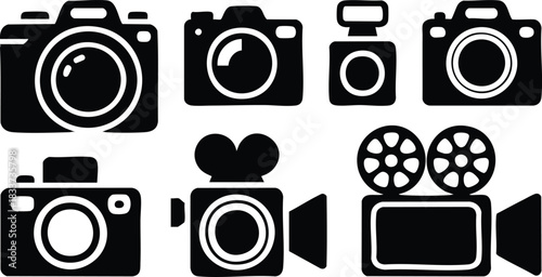 Camera and Video Camera Icon Set, Black Silhouette Icons of Photographic and Video Equipment, Collection of Camera, Camcorder, and Movie Camera Symbols, silhouette, illustration, vector.