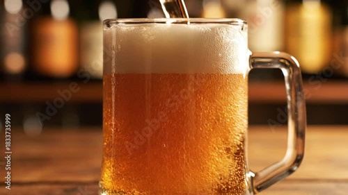 Beer pouring into a glass mug creating foam and bubbles in a bar setting drink concept close up