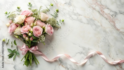 Elegant pastel pink rose bouquet tied with a delicate ribbon, arranged on a marble surface