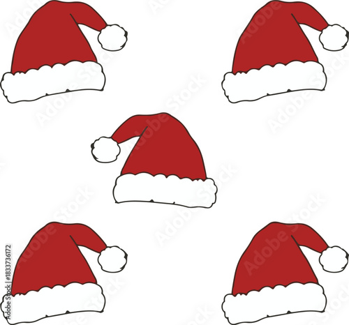 A cheerful and festive arrangement of classic red Santa hats with white pom-poms, perfect for holiday season decorations, Christmas celebrations, and vector graphic designs
