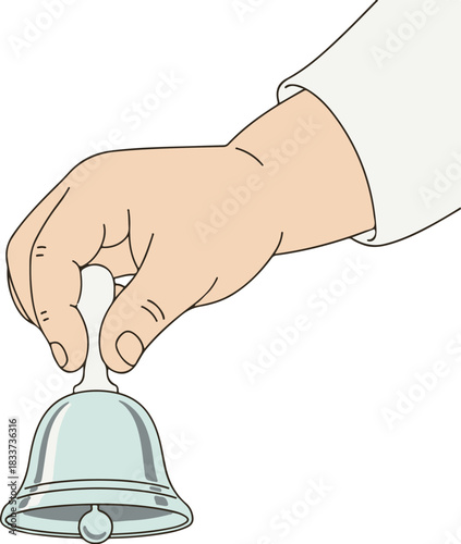 Hand ringing a classic silver service bell, a vector illustration for business communication, customer request, or prompt attention in hospitality