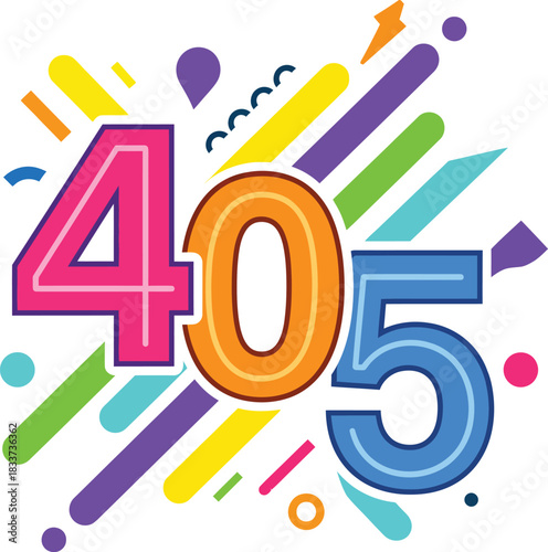 Vibrant graphic illustration of the number 405 with colorful confetti and dynamic stripes.