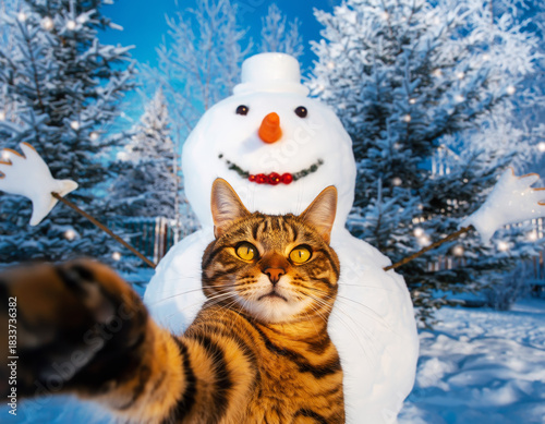 Funny winter selfie of cat in front of cheerful snowman in snowy forest