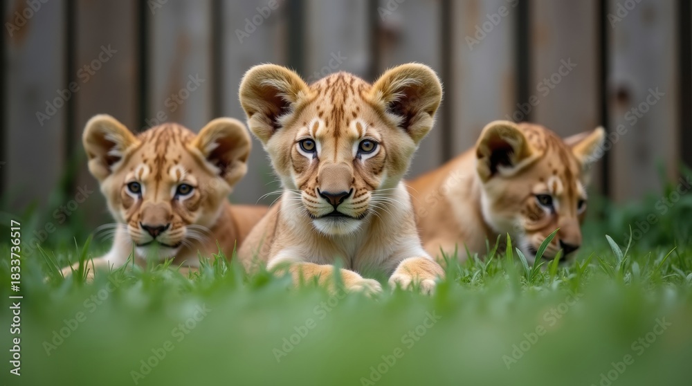 Obraz premium Three adorable lion cubs resting together in lush green grass