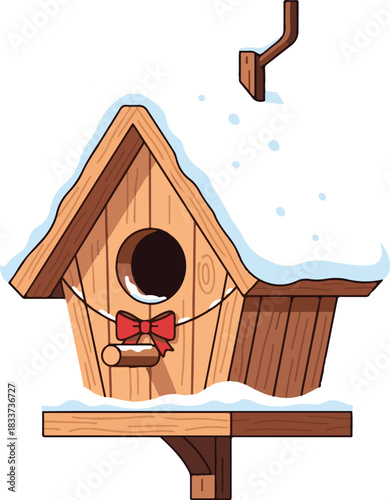 Charming wooden birdhouse covered in snow with a festive red bow, a cozy winter shelter for birds. Cartoon vector illustration isolated on a white background