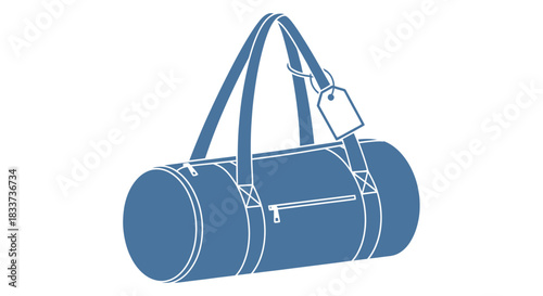 Blue duffel bag with handles and a luggage tag.