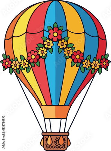 Vibrant hot air balloon adorned with a garland of colorful flowers, floating joyfully against a backdrop of warm hues