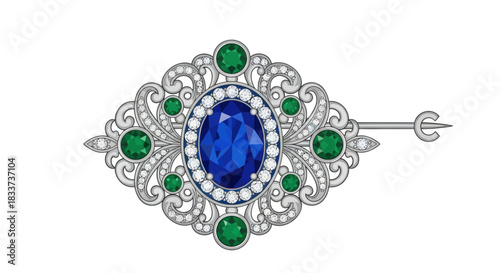 Elegant Vintage Brooch with Central Blue Sapphire Green Emeralds and Pearls.