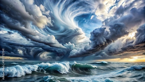 A Dramatic Seascape with a Swirling Vortex of Clouds Over a Turbulent Ocean