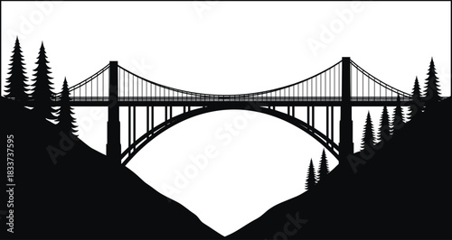 Bridge silhouette over gorge with trees