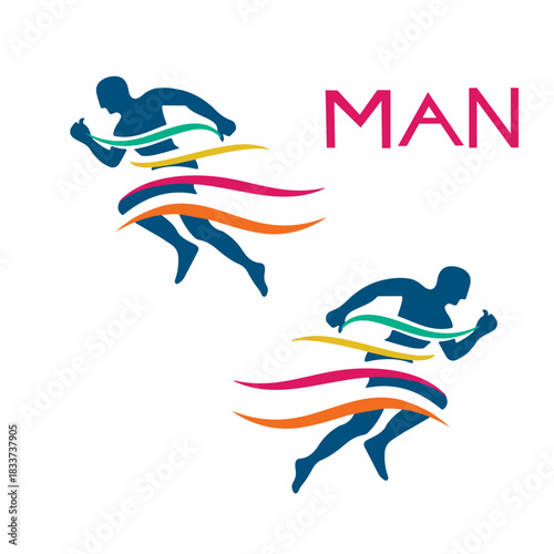 Dynamic male runners with colorful streaks and the word man