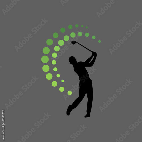 Golfer silhouette swinging club with green dot swirl